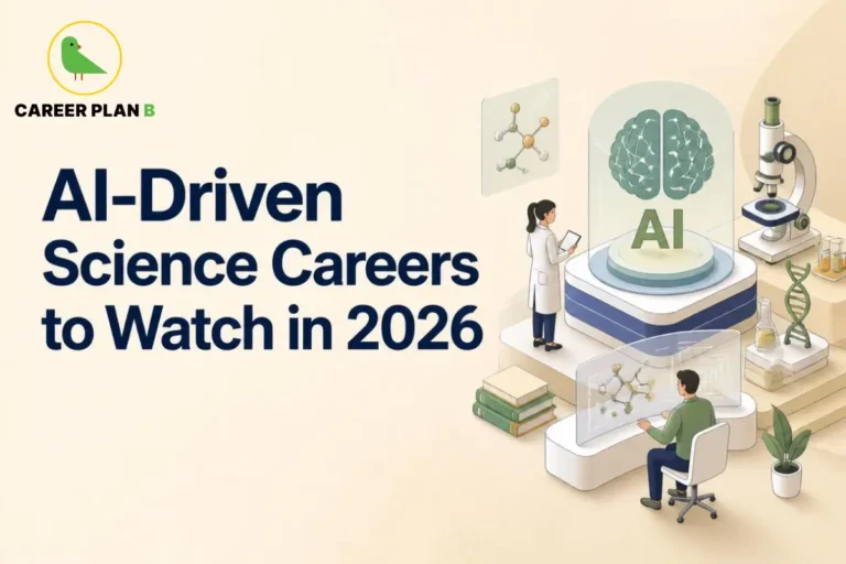 AI-driven science careers featured in "AI-Driven Science Careers to Watch in 2026 (India Guide)" showing researchers using artificial intelligence for biotechnology, genomics, computational biology, laboratory research, machine learning, microscopes, DNA analysis, and scientific innovation in India.