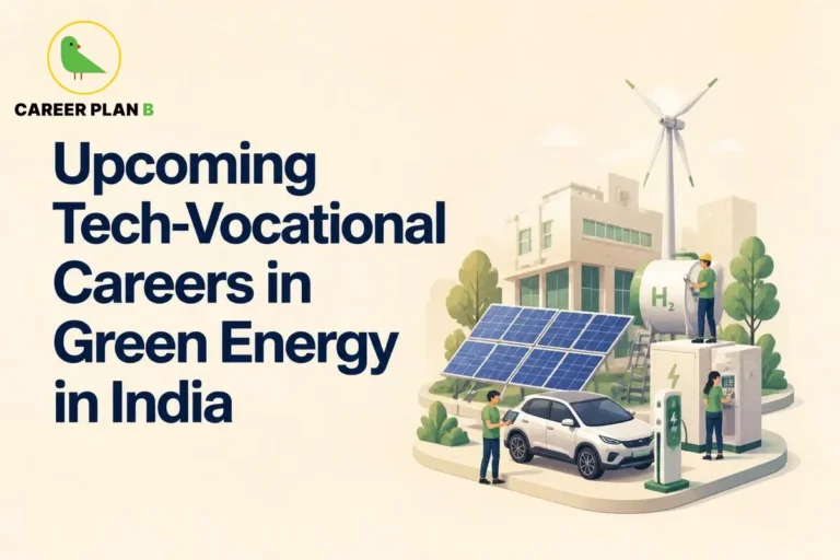 Green Energy Careers in India – Upcoming Tech-Vocational Careers in Green Energy in India illustration showing solar panels, a wind turbine, green hydrogen (H₂) storage, an electric vehicle charging station, renewable energy technicians, and clean energy infrastructure representing careers in solar, wind, EV, hydrogen, and sustainable energy sectors.