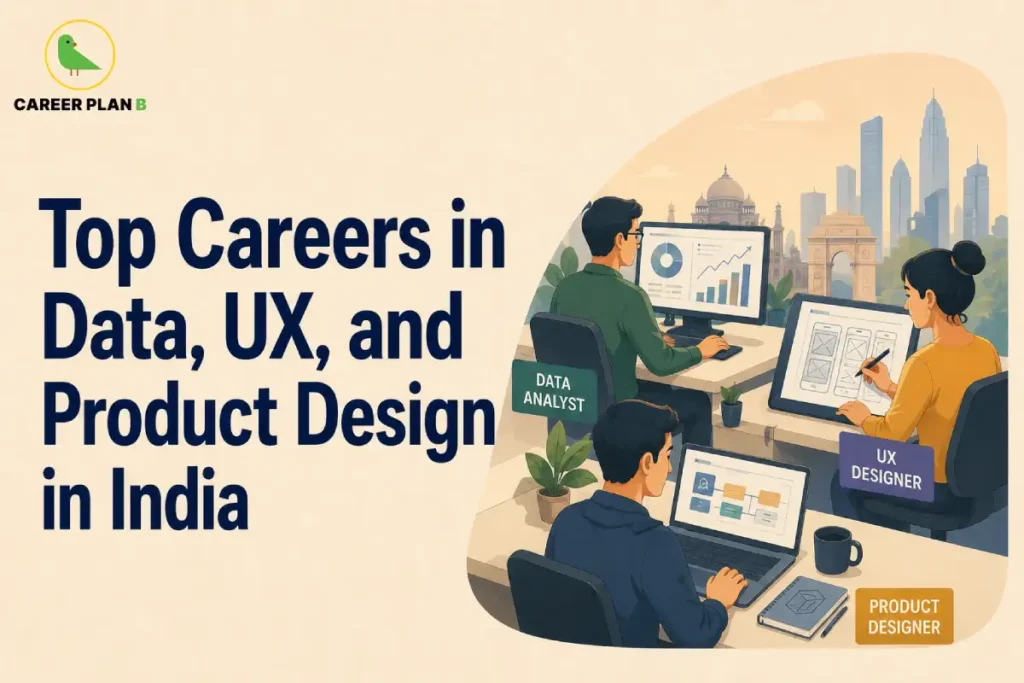 Data UX and Product Design Careers in India – Top Careers in Data, UX, and Product Design in India illustration showing a Data Analyst analyzing charts, a UX Designer creating wireframes, a Product Designer designing digital interfaces, multiple computer screens with analytics dashboards and UI layouts, and a modern technology workspace representing careers in data analytics, UX design, UI design, and product design.