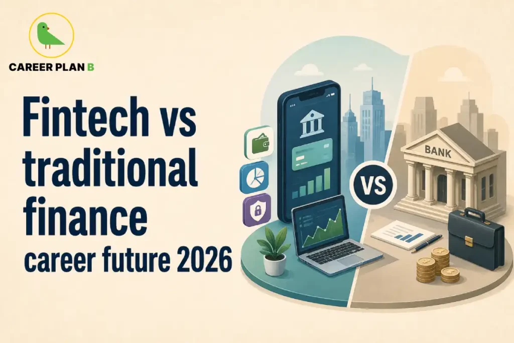 Fintech vs Traditional Finance Careers – Fintech vs Traditional Finance Career Future 2026 illustration comparing digital banking and traditional banking, featuring a smartphone banking app, laptop with financial analytics dashboard, fintech payment and security icons, bank building, office briefcase, coins, financial documents, and a VS comparison representing career opportunities in fintech and traditional finance in India.