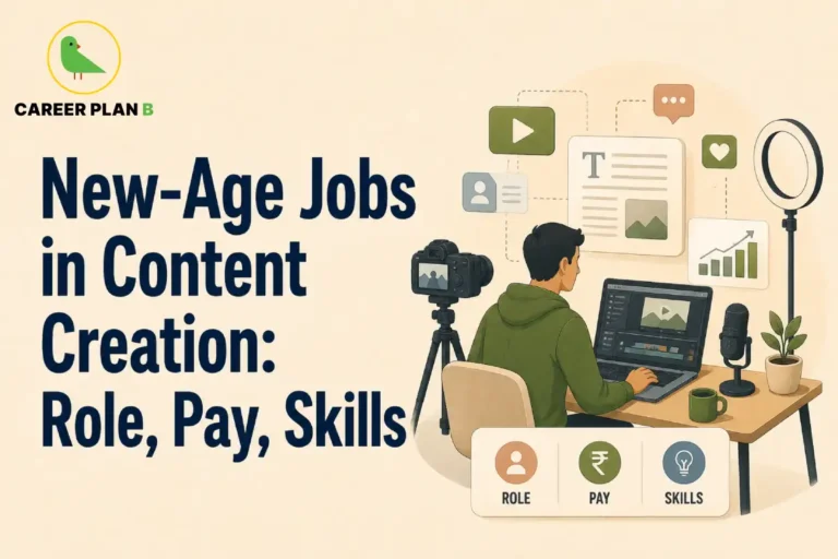 Content Creation Careers – New-Age Jobs in Content Creation: Role, Pay, Skills illustration showing a content creator editing videos on a laptop with a camera, microphone, ring light, digital content dashboard, analytics graph, social media icons, article editor, video play icon, and Role, Pay, Skills elements representing modern content creation careers in India.