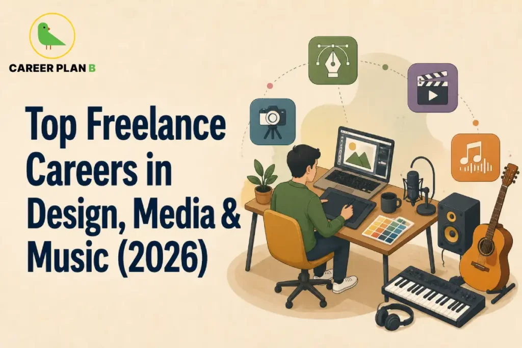 Freelance Creative Careers – Top Freelance Careers in Design, Media & Music (2026) illustration showing a freelancer using a graphics tablet and laptop with graphic design tools, camera, video editing icon, microphone, speakers, headphones, MIDI keyboard, guitar, music production equipment, and creative media workspace representing freelance careers in design, media, and music.