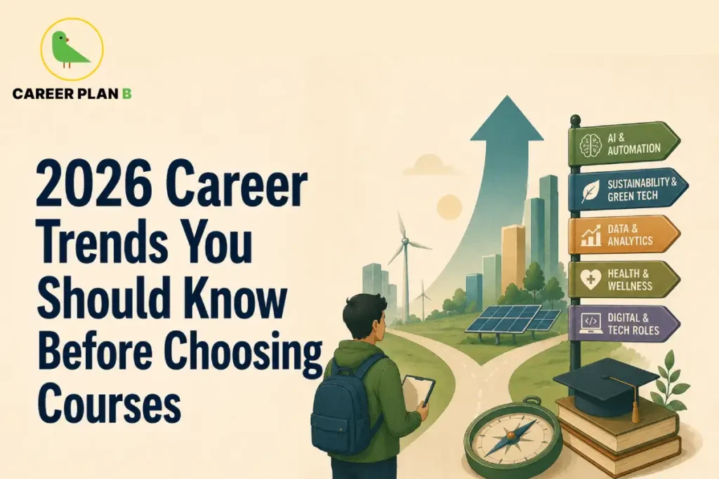 Career Trends Before Choosing Courses featuring a student at a career crossroads with an upward growth arrow, AI & Automation, Sustainability & Green Tech, Data & Analytics, Health & Wellness, and Digital & Tech Roles signboards, along with the headline "2026 Career Trends You Should Know Before Choosing Courses."