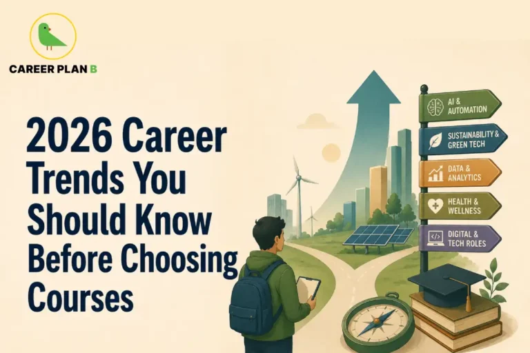 Career Trends Before Choosing Courses featuring a student at a career crossroads with an upward growth arrow, AI & Automation, Sustainability & Green Tech, Data & Analytics, Health & Wellness, and Digital & Tech Roles signboards, along with the headline "2026 Career Trends You Should Know Before Choosing Courses."