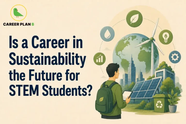 Sustainability Careers for STEM Students – "Is a Career in Sustainability the Future for STEM Students?" displayed with the Career Plan B logo, a STEM student holding a tablet, Earth, solar panels, wind turbine, green buildings, recycling bin, and sustainability icons representing renewable energy, water conservation, eco-friendly innovation, and green technology.