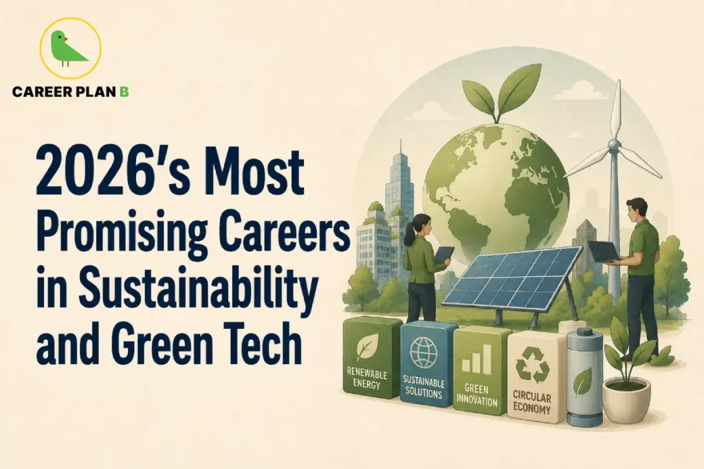 Promising Careers in Sustainability and Green Tech showing the text "2026's Most Promising Careers in Sustainability and Green Tech", Career Plan B logo, Earth with green leaves, solar panels, wind turbine, sustainable city, two professionals using digital devices, and icons for Renewable Energy, Sustainable Solutions, Green Innovation, and Circular Economy.