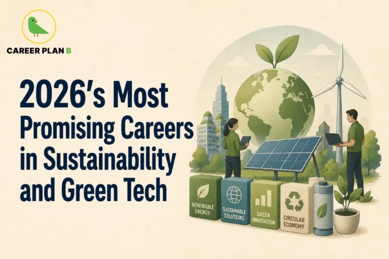 Promising Careers in Sustainability and Green Tech showing the text "2026's Most Promising Careers in Sustainability and Green Tech", Career Plan B logo, Earth with green leaves, solar panels, wind turbine, sustainable city, two professionals using digital devices, and icons for Renewable Energy, Sustainable Solutions, Green Innovation, and Circular Economy.