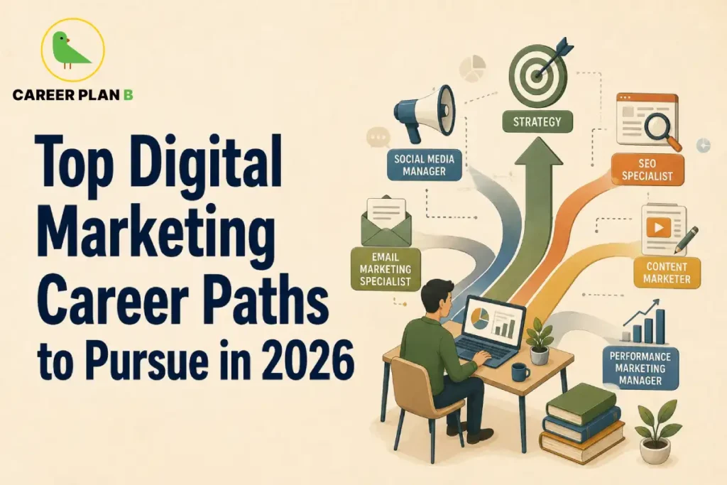 Digital Marketing Career Paths image showing the title "Top Digital Marketing Career Paths to Pursue in 2026", a digital marketer working on a laptop, and career options including SEO Specialist, Social Media Manager, Email Marketing Specialist, Content Marketer, Performance Marketing Manager, and Strategy.