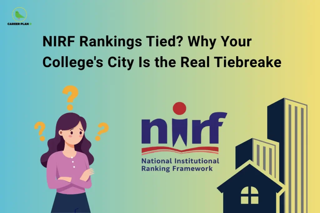 An analysis presentation graphic by Career Plan B titled "NIRF Rankings Tied? Why Your College's City Is the Real Tiebreake." The image features a gradient background blending from blue to yellow, showcasing an illustration of a puzzled female student with her arms crossed, surrounded by orange question marks on the left. The official National Institutional Ranking Framework (NIRF) logo is displayed in the center, alongside dark blue silhouettes of a house and skyscrapers on the right, with the Career Plan B green bird logo positioned in the upper left corner.
