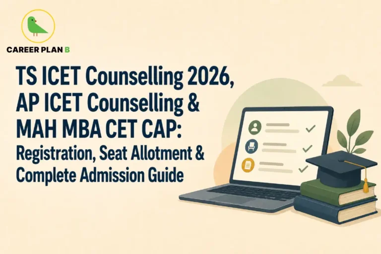 Detailed educational infographic titled "TS ICET Counselling 2026, AP ICET Counselling & MAH MBA CET CAP: Registration, Seat Allotment & Complete Admission Guide" by Career Plan B. The graphic features a clean, cream-colored background with an open laptop showing a checklist on its screen next to a small green plant. Beside the laptop rests a stack of textbooks topped with a black academic graduation cap (mortarboard) and a gold tassel, symbolizing MBA admissions. In the top-left corner is the official Career Plan B logo, which showcases a distinctive green bird silhouette enclosed within a circular gold border.