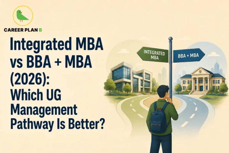 Detailed educational infographic comparison titled "Integrated MBA vs BBA + MBA (2026): Which UG Management Pathway Is Better?" by Career Plan B. The graphic depicts a student wearing a green jacket and carrying a blue backpack, seen from behind as he stands at a crossroads contemplating his options. A central signpost stands at the fork, with a green arrow pointing left labeled "INTEGRATED MBA" toward a sleek, modern glass university building, and a blue arrow pointing right labeled "BBA + MBA" toward a traditional neoclassical campus building with columns. Two distinct paved roads curve toward each respective destination, set against a soft cream-colored background with green trees. In the top-left corner is the official Career Plan B logo, featuring a green bird silhouette inside a gold circle.