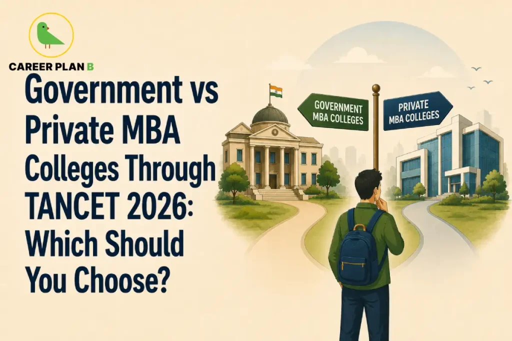 Educational infographic titled "Government vs Private MBA Colleges Through TANCET 2026: Which Should You Choose?" by Career Plan B. A student with a blue backpack stands at a fork in the road under a central signpost. A green arrow points left to "GOVERNMENT MBA COLLEGES" featuring a classical domed building with the Indian flag, while a blue arrow points right to "PRIVATE MBA COLLEGES" featuring a modern glass building. In the top-left corner is the Career Plan B logo with a green bird inside a gold circle.