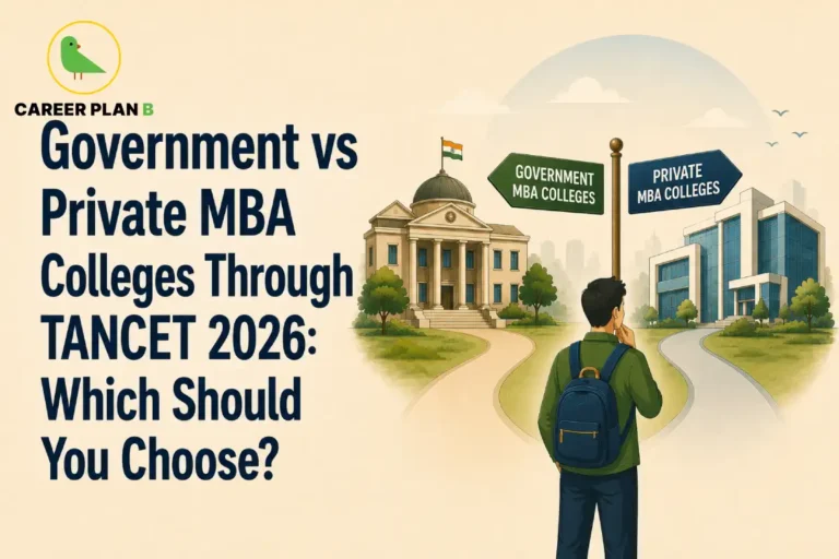 Educational infographic titled "Government vs Private MBA Colleges Through TANCET 2026: Which Should You Choose?" by Career Plan B. A student with a blue backpack stands at a fork in the road under a central signpost. A green arrow points left to "GOVERNMENT MBA COLLEGES" featuring a classical domed building with the Indian flag, while a blue arrow points right to "PRIVATE MBA COLLEGES" featuring a modern glass building. In the top-left corner is the Career Plan B logo with a green bird inside a gold circle.