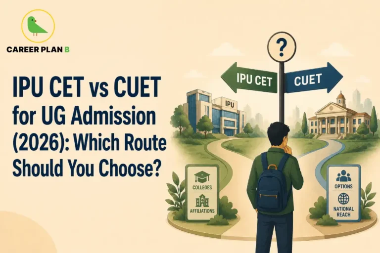 Educational infographic titled "IPU CET vs CUET for UG Admission (2026): Which Route Should You Choose?" by Career Plan B. A student wearing a blue backpack stands at a crossroads looking at a signpost topped with a question mark. A green arrow points left to "IPU CET" leading to a modern IPU campus building with icons for "Colleges" and "Affiliations." A blue arrow points right to "CUET" leading to a classic university building with icons for "Options" and "National Reach." The top-left corner features the Career Plan B logo showing a green bird inside a gold circle.