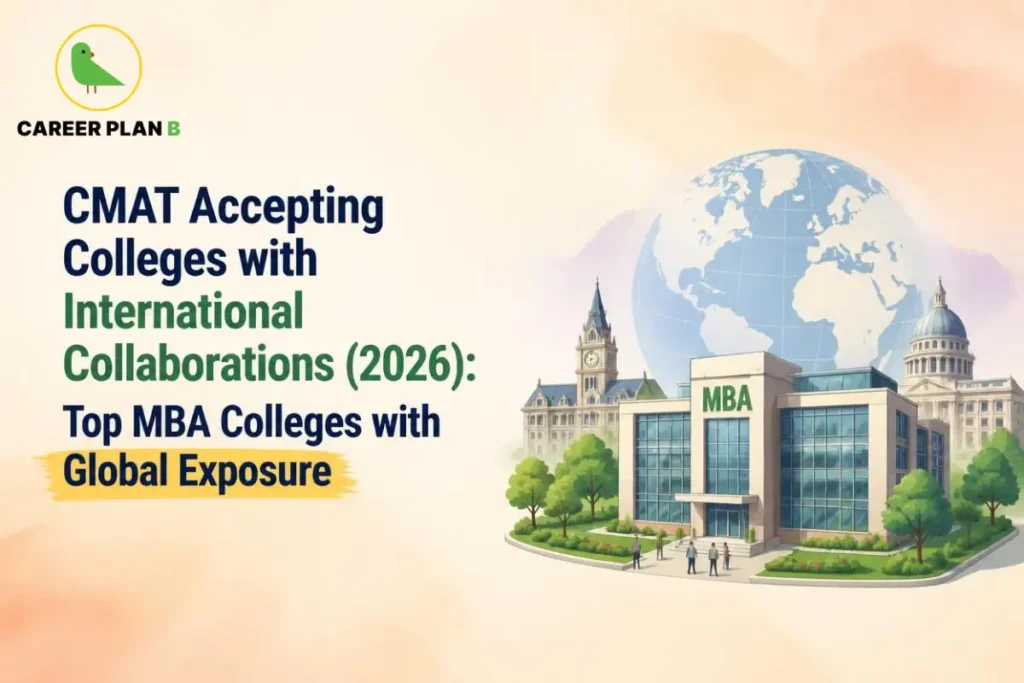 Educational infographic titled "CMAT Accepting Colleges with International Collaborations (2026): Top MBA Colleges with Global Exposure" by Career Plan B. The illustration features a modern MBA building in the foreground with people walking near the entrance. In the background, a large globe is flanked by classical, international-style university structures with clocks and domes. In the top-left corner, the Career Plan B logo displays a green bird inside a gold circle.
