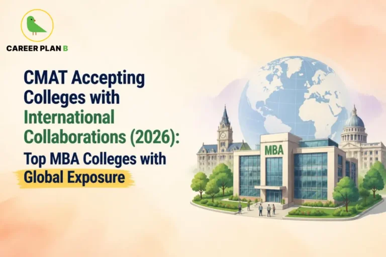 Educational infographic titled "CMAT Accepting Colleges with International Collaborations (2026): Top MBA Colleges with Global Exposure" by Career Plan B. The illustration features a modern MBA building in the foreground with people walking near the entrance. In the background, a large globe is flanked by classical, international-style university structures with clocks and domes. In the top-left corner, the Career Plan B logo displays a green bird inside a gold circle.