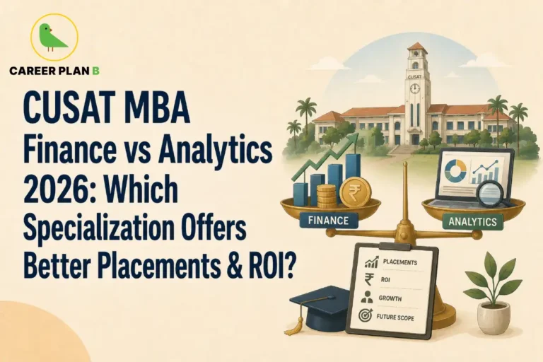 Educational infographic titled "CUSAT MBA Finance vs Analytics 2026: Which Specialization Offers Better Placements & ROI?" by Career Plan B. The graphic features a classic university building labeled "CUSAT" in the background. In the foreground, a brass balance scale compares "Finance" (represented by a rising bar chart and gold rupee coins) against "Analytics" (represented by a laptop showing data charts and a magnifying glass). Below the scale sits a clipboard listing comparison metrics like Placements, ROI, Growth, and Future Scope next to a black graduation cap. In the top-left corner, the Career Plan B logo displays a green bird inside a gold circle.