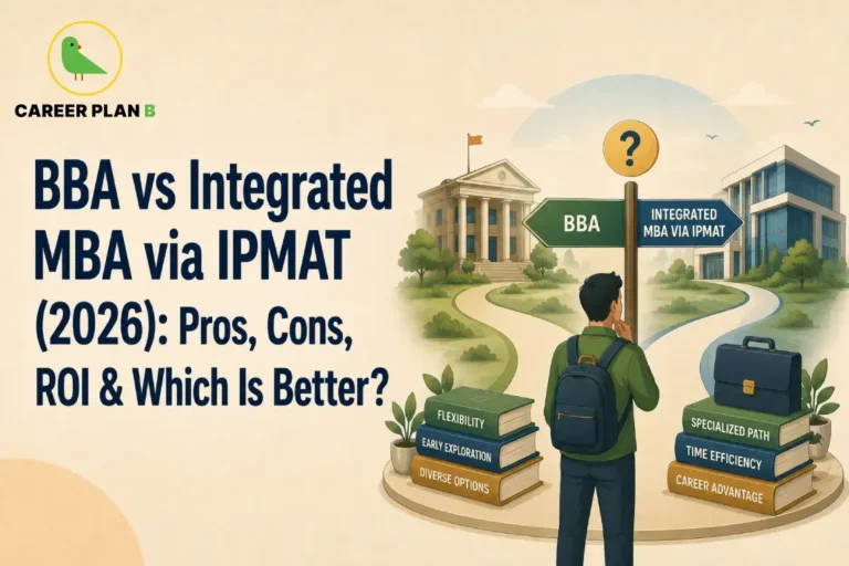 Educational infographic titled "BBA vs Integrated MBA via IPMAT (2026): Pros, Cons, ROI & Which Is Better?" by Career Plan B. A student with a backpack stands at a crossroads looking at a signpost with a question mark. The left path points to "BBA" beside a classical building with books labeled "Flexibility," "Early Exploration," and "Diverse Options." The right path points to "INTEGRATED MBA VIA IPMAT" beside a modern glass building with a briefcase atop books labeled "Specialized Path," "Time Efficiency," and "Career Advantage." The top-left corner displays the Career Plan B logo with a green bird inside a gold circle.