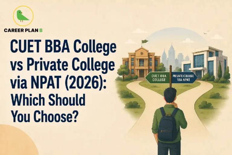 Educational infographic titled "CUET BBA College vs Private College via NPAT (2026): Which Should You Choose?" by Career Plan B. A student carrying a dark backpack stands at a fork in the road under a central signpost. A green arrow points left to "CUET BBA COLLEGE" leading toward a classic brick university building, while a blue arrow points right to "PRIVATE COLLEGE VIA NPAT" leading toward a modern glass and steel building. The top-left corner features the official Career Plan B logo showing a green bird inside a gold circle.