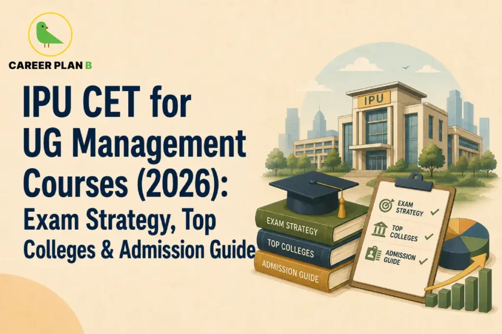 Educational infographic titled "IPU CET for UG Management Courses (2026): Exam Strategy, Top Colleges & Admission Guide" by Career Plan B. The graphic features a modern university campus building labeled "IPU" in the background. In the foreground, a black graduation cap sits atop a stack of books labeled "EXAM STRATEGY," "TOP COLLEGES," and "ADMISSION GUIDE." Next to the books is a clipboard showcasing checked items alongside a small green bar graph and a multi-colored pie chart. The top-left corner displays the Career Plan B logo showing a green bird inside a gold circle.