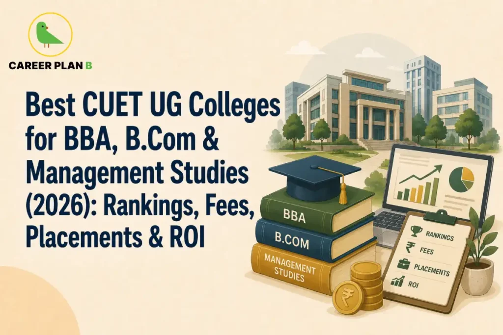 Educational infographic titled "Best CUET UG Colleges for BBA, B.Com & Management Studies (2026): Rankings, Fees, Placements & ROI" by Career Plan B. The graphic features university campus buildings in the background. In the foreground, a black graduation cap sits on a stack of books labeled "BBA," "B.Com," and "Management Studies." Next to the books are gold rupee coins, an open laptop showing data charts, and a clipboard listing Rankings, Fees, Placements, and ROI. The top-left corner displays the Career Plan B logo showing a green bird inside a gold circle.