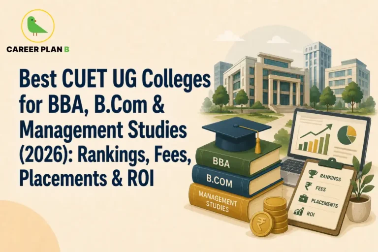 Educational infographic titled "Best CUET UG Colleges for BBA, B.Com & Management Studies (2026): Rankings, Fees, Placements & ROI" by Career Plan B. The graphic features university campus buildings in the background. In the foreground, a black graduation cap sits on a stack of books labeled "BBA," "B.Com," and "Management Studies." Next to the books are gold rupee coins, an open laptop showing data charts, and a clipboard listing Rankings, Fees, Placements, and ROI. The top-left corner displays the Career Plan B logo showing a green bird inside a gold circle.