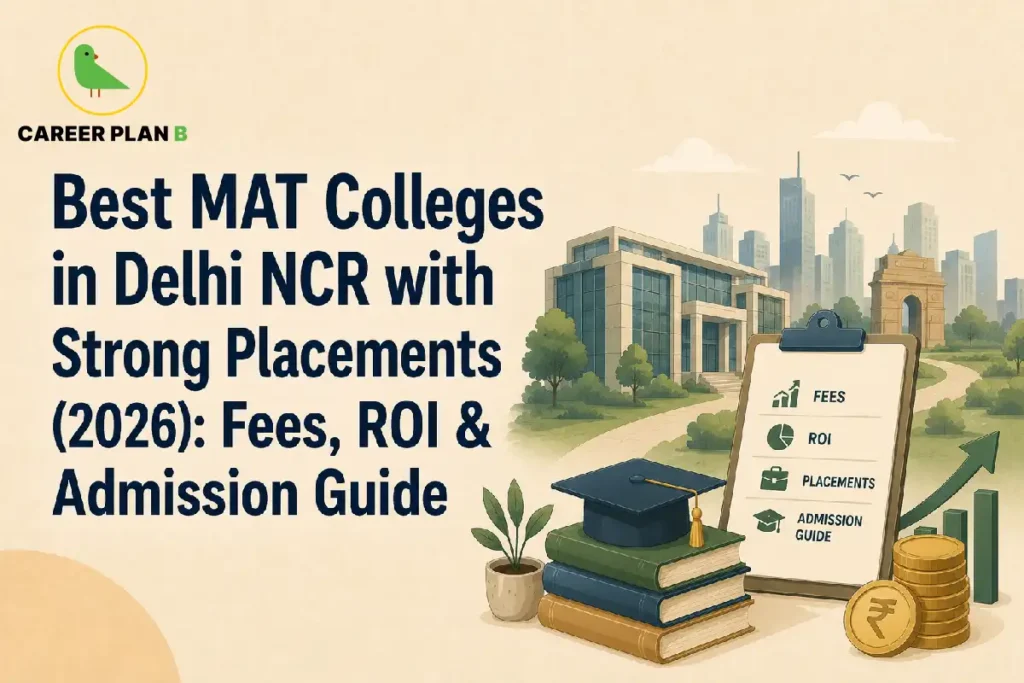 Educational infographic titled "Best MAT Colleges in Delhi NCR with Strong Placements (2026): Fees, ROI & Admission Guide" by Career Plan B. The graphic showcases a modern campus building and the India Gate monument in the background. In the foreground, a black graduation cap rests on a stack of books next to a clipboard listing Fees, ROI, Placements, and Admission Guide, alongside gold rupee coins and a rising green bar graph. The top-left corner displays the Career Plan B logo showing a green bird inside a gold circle.