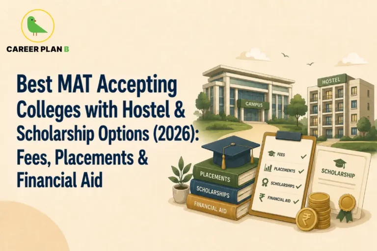 Educational infographic titled "Best MAT Accepting Colleges with Hostel & Scholarship Options (2026): Fees, Placements & Financial Aid" by Career Plan B. The graphic displays two campus buildings labeled "CAMPUS" and "HOSTEL" in the background. In the foreground, a black graduation cap sits on a stack of books labeled "PLACEMENTS," "SCHOLARSHIPS," and "FINANCIAL AID." Next to the books is a clipboard showing checked items, gold rupee coins, and a scholarship certificate with a gold seal. The top-left corner features the Career Plan B logo with a green bird inside a gold circle.