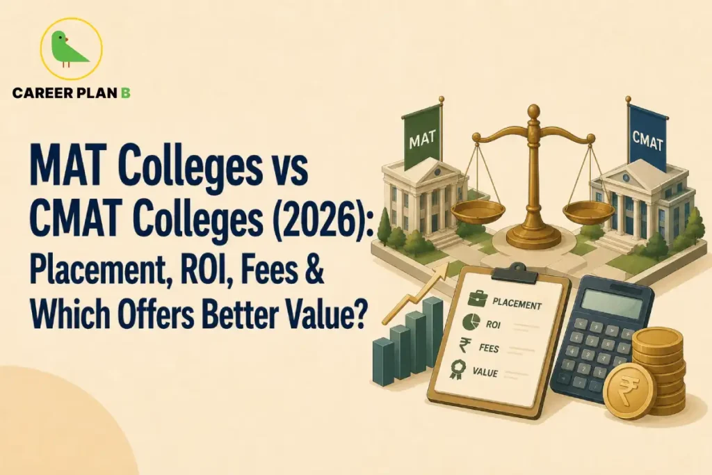Educational infographic titled "MAT Colleges vs CMAT Colleges (2026): Placement, ROI, Fees & Which Offers Better Value?" by Career Plan B. A large brass balance scale weighs a building labeled "MAT" on the left against a building labeled "CMAT" on the right. In the foreground, a clipboard lists comparison points—Placement, ROI, Fees, and Value—next to a calculator, gold rupee coins, and a green bar graph with a rising gold arrow. The top-left corner features the Career Plan B logo showing a green bird inside a gold circle.