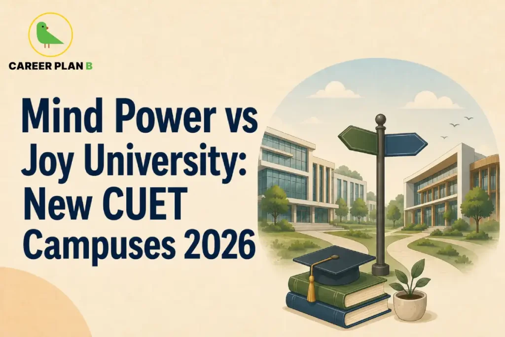 Career Plan B banner introducing Mind Power vs Joy University as new CUET campuses for 2026.