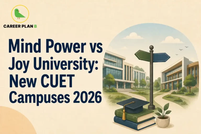 Career Plan B banner introducing Mind Power vs Joy University as new CUET campuses for 2026.