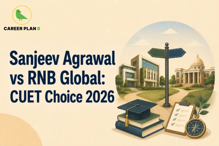 Graphic comparing Sanjeev Agrawal University vs RNB Global University for CUET 2026 options.