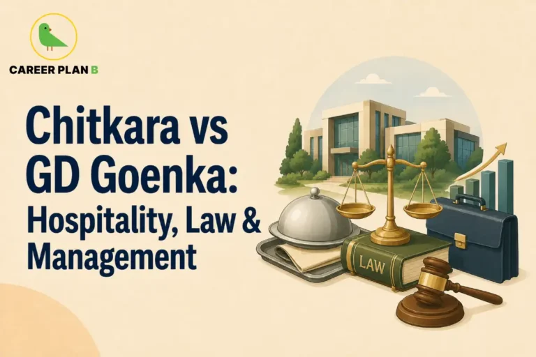 Graphic comparing Chitkara University vs GD Goenka University for hospitality, law, and management programs.