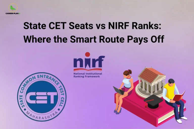 An education strategy presentation graphic by Career Plan B titled "State CET Seats vs NIRF Ranks: Where the Smart Route Pays Off." The layout uses a subtle lavender-to-grey gradient background displaying two official seals side by side: the circular blue State Common Entrance Test Cell, Maharashtra logo on the bottom-left, and the National Institutional Ranking Framework (NIRF) logo in the center. To the right, an isometric illustration shows a woman working on a laptop and a man reading a book while sitting on a giant red textbook featuring a graduation cap and miniature university building model, with the Career Plan B green bird logo positioned in the upper-left corner.