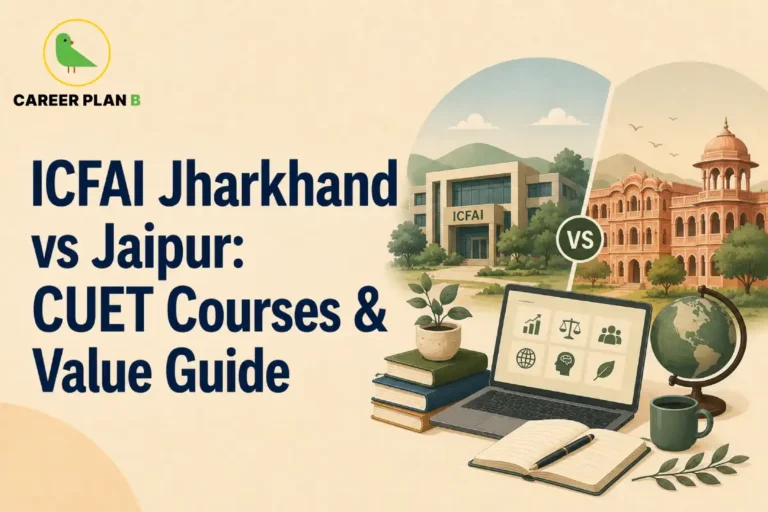 Graphic comparing ICFAI Jharkhand vs ICFAI Jaipur regarding CUET courses and value guide.
