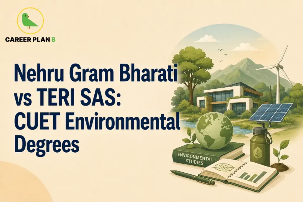 Graphic comparing Nehru Gram Bharati vs TERI SAS for CUET environmental degrees.