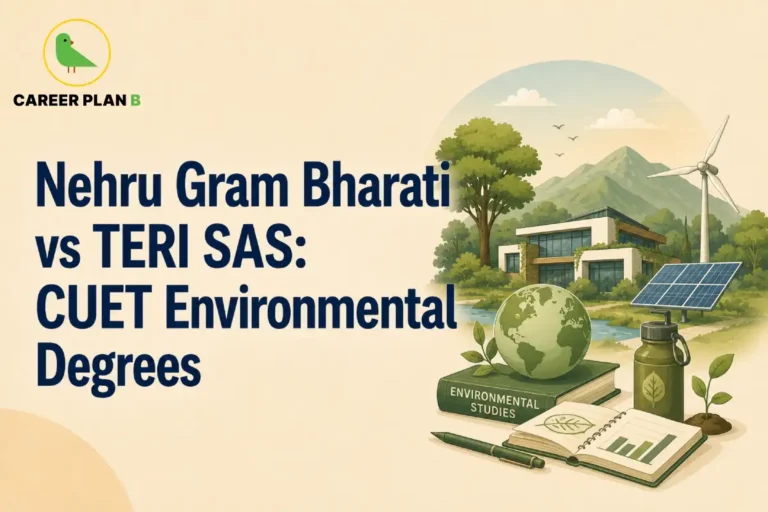 Graphic comparing Nehru Gram Bharati vs TERI SAS for CUET environmental degrees.