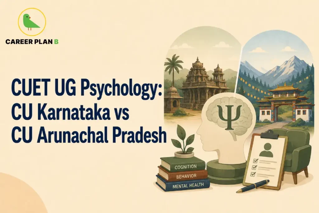 Graphic comparing CUET UG Psychology programs at Central University of Karnataka vs Central University of Arunachal Pradesh.