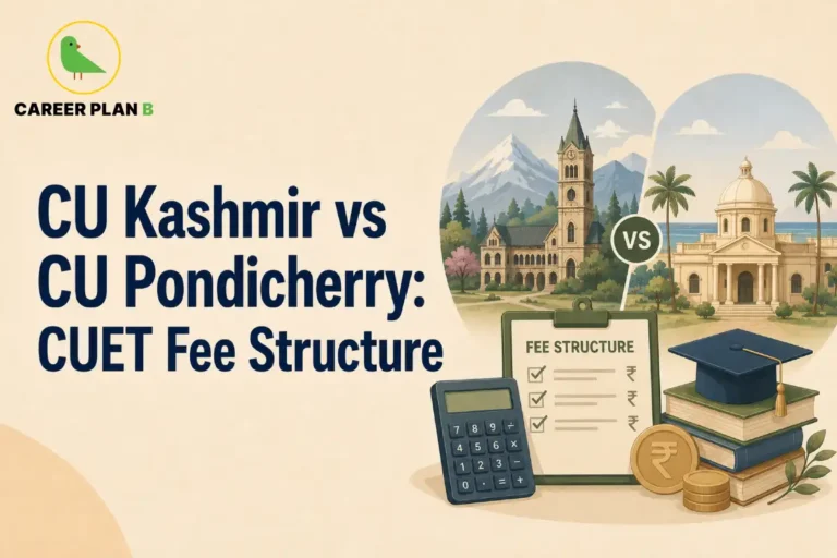 Graphic comparing CUET fee structures for Central University of Kashmir vs Central University of Pondicherry.