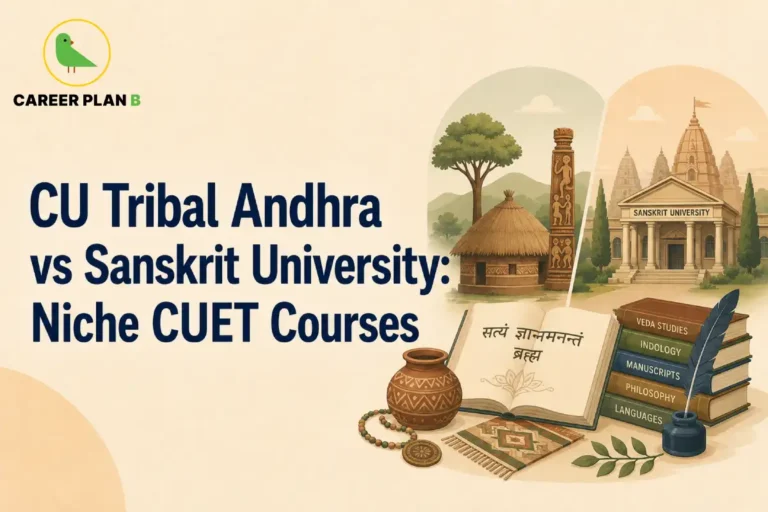 Graphic comparing niche CUET courses at Central Tribal University of Andhra Pradesh vs National Sanskrit University.