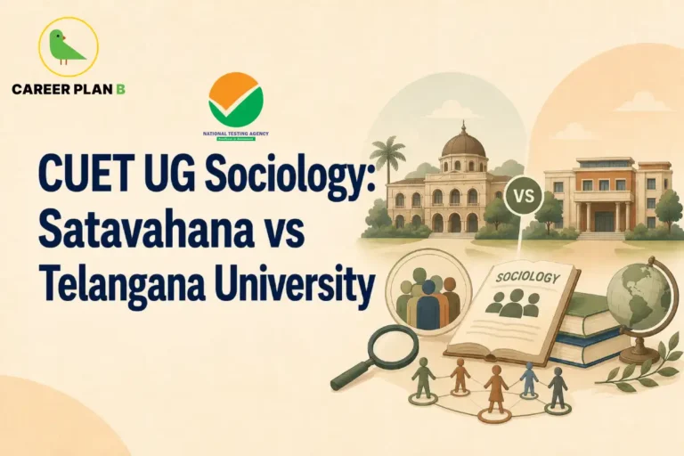 Graphic comparing CUET UG Sociology programs at Satavahana University vs Telangana University.