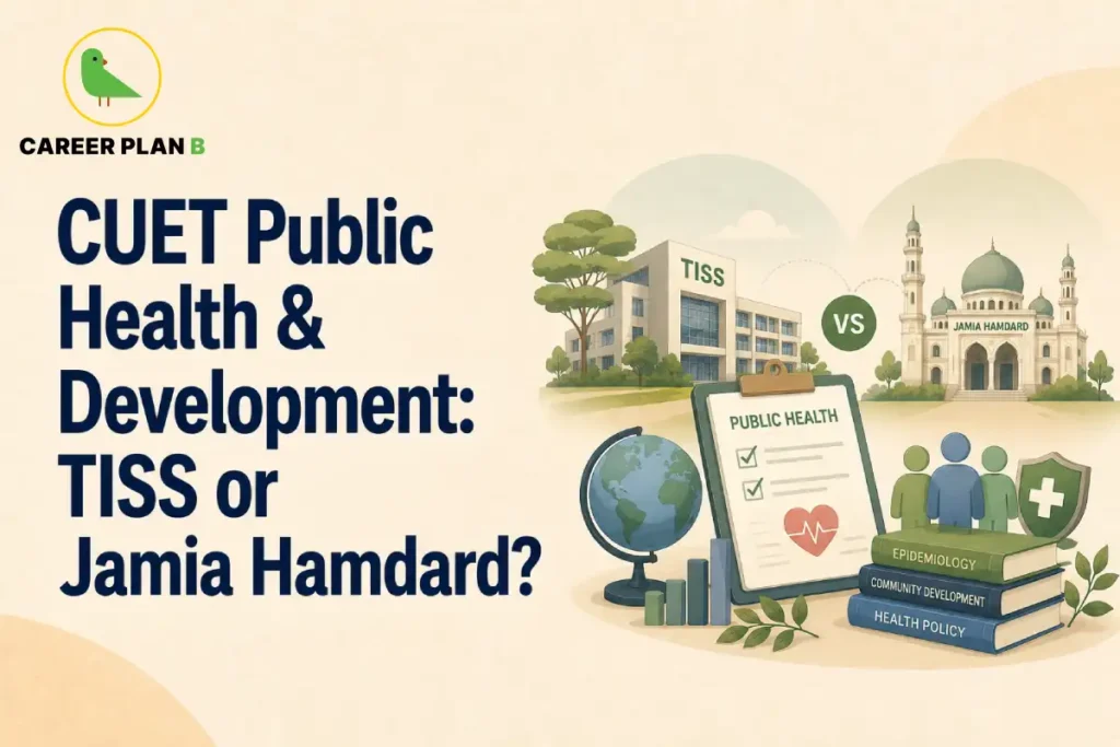 Graphic comparing TISS vs Jamia Hamdard for CUET Public Health and Development courses.