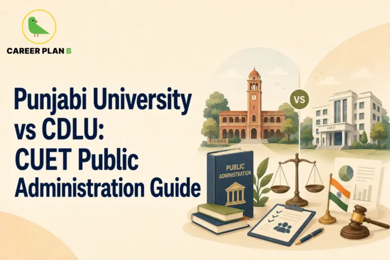 Graphic comparing Punjabi University vs CDLU for CUET Public Administration programs.