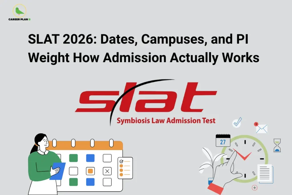 An informational entrance exam graphic by Career Plan B titled "SLAT 2026: Dates, Campuses, and PI Weight How Admission Actually Works." The graphic uses a light grey background featuring the red and black official Symbiosis Law Admission Test (SLAT) logo in the center. The layout displays an illustration of a woman holding a tablet standing in front of a calendar on the left, alongside a hand pointing at a large clock icon with email notifications, an hourglass, and a calendar sheet on the right. The Career Plan B green bird logo is positioned in the upper-left corner.
