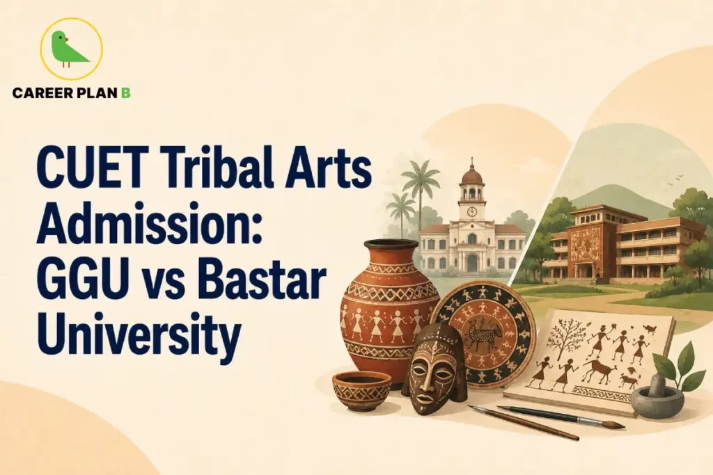 Graphic titled CUET Tribal Arts Admission: GGU vs Bastar University, featuring university buildings and tribal artwork.