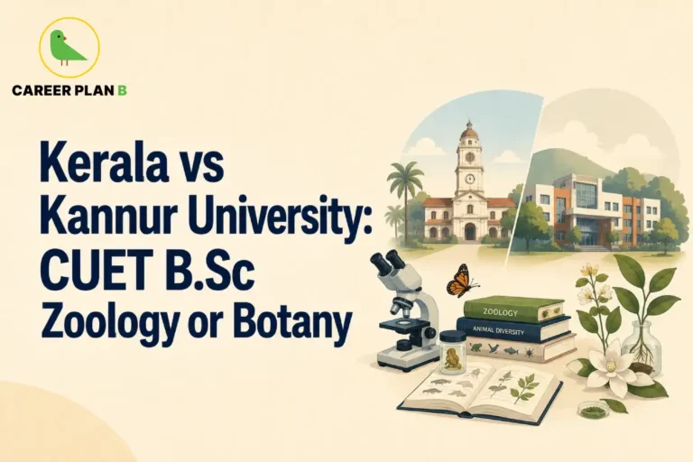 Graphic titled Kerala vs Kannur University: CUET B.Sc Zoology or Botany, with university buildings, a microscope, and science books.
