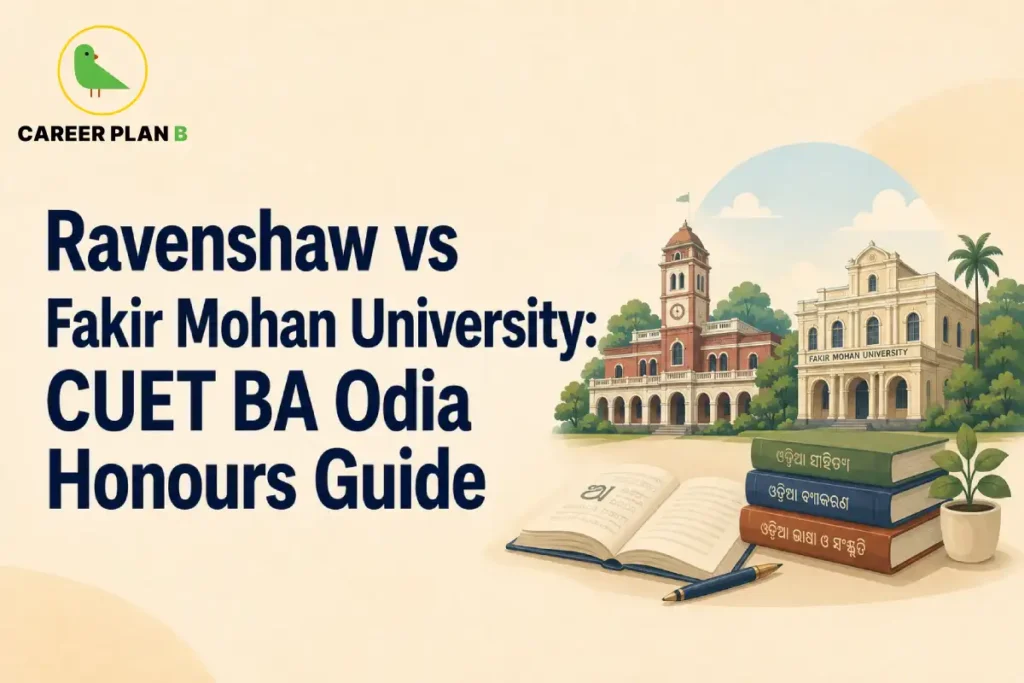 Graphic titled Ravenshaw vs Fakir Mohan University: CUET BA Odia Honours Guide, featuring campus buildings and Odia language books.