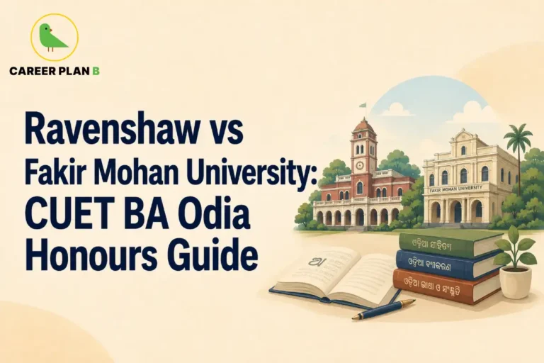 Graphic titled Ravenshaw vs Fakir Mohan University: CUET BA Odia Honours Guide, featuring campus buildings and Odia language books.