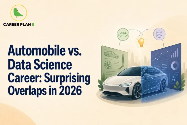 This image contains a Career Plan B educational infographic comparing automobile engineering and data science careers, featuring a connected electric car, digital vehicle twin, automotive dashboard, data analytics charts, AI icons, vehicle components, smart mobility technology, and engineering design, highlighting automotive analytics, machine learning, connected vehicles, EV technology, career comparison, and future engineering opportunities.