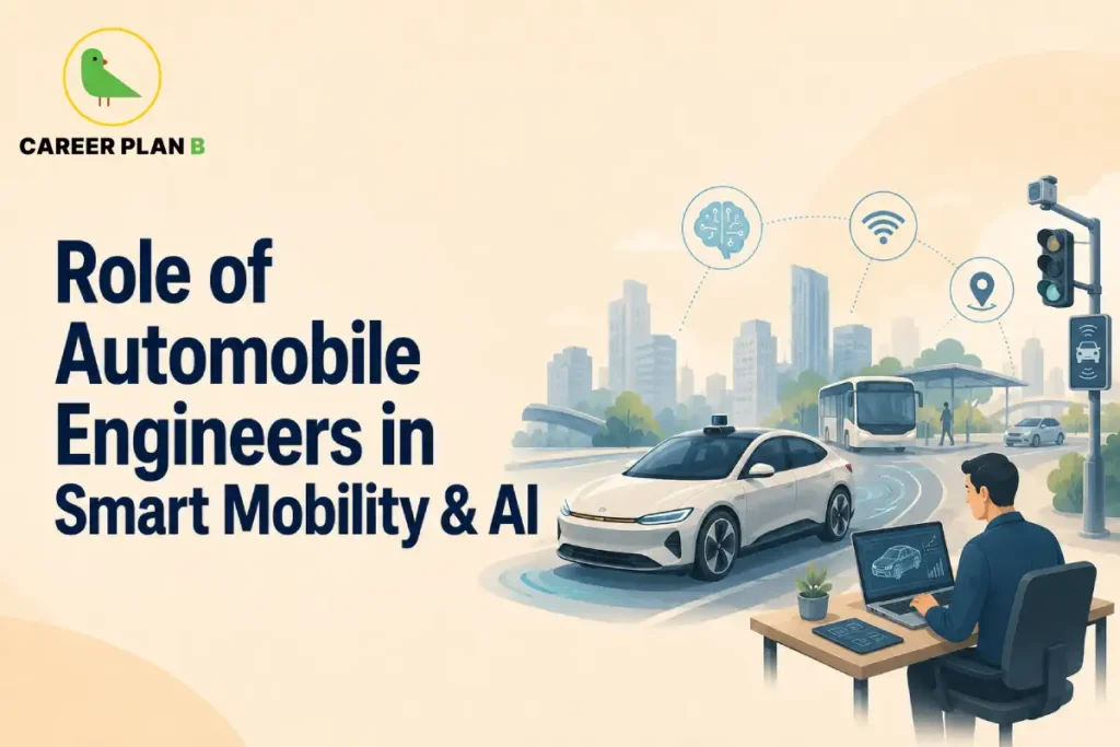 This image contains a Career Plan B educational infographic on automobile engineers in smart mobility, featuring a connected electric vehicle, smart city infrastructure, autonomous driving technology, intelligent traffic signals, wireless connectivity, digital navigation, AI icons, public transport, and an engineer working on automotive software, highlighting artificial intelligence, connected vehicles, EV technology, IoT, smart transportation, automotive innovation, and future engineering careers.